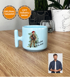 Kişiye Özel Karikatürlü Asker Pastel T Kupa Mavi Askere Hediye Asker Sevgiliye Hediye (Mavi)