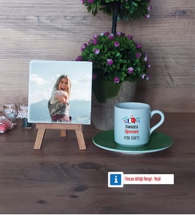 Fransızca Öğretmeni Fotoğraflı Dekoratif Taş, Ahşap Altlıklı Türk Kahvesi Fincanı Hediye Öğretmenler Günü Hediyesi (Model 9)