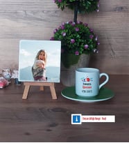 Fransızca Öğretmeni Fotoğraflı Dekoratif Taş, Ahşap Altlıklı Türk Kahvesi Fincanı Hediye Öğretmenler Günü Hediyesi (Model 9)