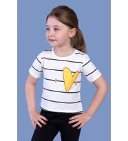 Toontoy Kız Çocuk Çizgli Kalp Baskılı Taş İşlemeli Tişört (Ekru)