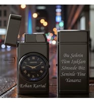 Kişiye Özel Turbo Jet Işıklı Saatli Çakmak Çift Yön Baskı (Antrasit)