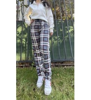 Kadın Pamuklu Ekose Desenli Pijama Altı Eşofman Kurdeleli Beyaz Lacivert Kare (Antrasit)