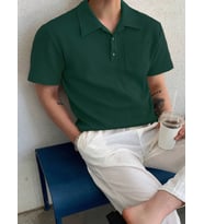 Erkek Oversize Polo Yaka Waffle T-Shirt POLOYAKA-DÜĞMELİ (Yeşil)