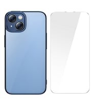 Baseus Glitter iPhone 14 Plus 6.7 Renkli Kenar Silikon Kılıf + Tempered Ekran Koruyucu Set (Mavi)