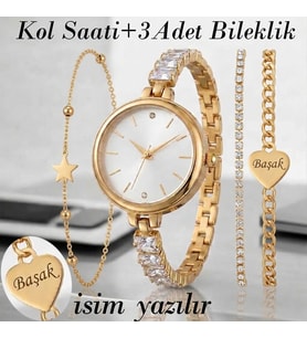 Kadın Kol Saati Zirkon Taşlı Prizma + 3 ADET BİLEKLİK-Gümüş+Gold Renk SeçeneğiKadın Kol Saati BİLEKLİK HEDİYE  Altın Renk - Kız Arkadaşa hediye (Altın)