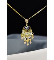 Papatya Silver 925 Ayar Gümüş Gold Kaplama Zirkon Taşlı Nazar Gözlü Mineli Fatma Eli Kolye (Pembe)