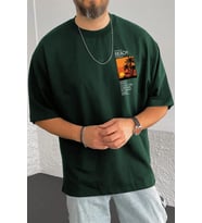 Erkek Beach Baskılı Oversize Tshirt (Yeşil)