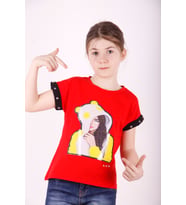 Toontoy Kız Çocuk Kız Baskılı Kolları İnci Detaylı Tişört (Kırmızı)