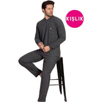 Erkek 3 Düğme Uzun Kol Göğüs Cepli Selanik Kumaş Kışlık Cepli Pijama Takımı  (Koyu Gri)