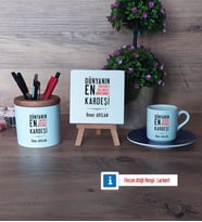Erkek Kardeş Hediye Seti Dekoratif Taş, Kalemlik, Ahşap Altlıklı Türk Kahvesi Fincanı Hediye (Model 4)
