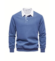 Ghassy Co. Erkek Retro Renk Bloklu Pamuklu Gömlek Yaka Sweatshirt (Mavi)