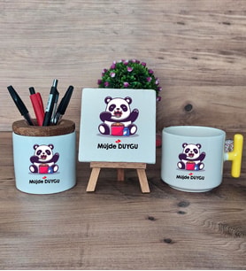 Sevimli Panda Hediye Sepeti Kupa Bardak T Kulplu, Kalemlik ve Dekoratif Taş Arkadaşa Sevgiliye Hediye (Model 5)