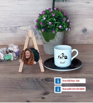 Sevimli Panda Türk Kahvesi Fincanı Ahşap Altlıklı ve Fotoğraflı Ahşap Anahtarlık Hediye (Model 7)