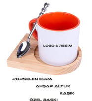 PORSELEN KUPA+AHŞAP ALTLIK+METAL KAŞIK KİŞİYE ÖZEL BASKILI (Turuncu)