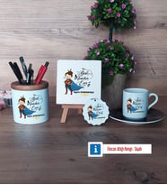 Kadın Öğretmene Hediye Hediye Seti Dekoratif Taş, Kalemlik, Ahşap Altlıklı Türk Kahvesi Fincanı, Ahşap Anahtarlık Hediye (Model 7)