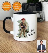Kişiye Özel Karikatürlü Asker Kupa Bardak Beyaz Askere Hediye Asker Sevgiliye Hediye (Siyah)