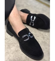 Günlük Kadın Loafer Klasik Alçak Topuk Zincirli Oval Burun Makosen Ayakkabı 100 (Siyah)