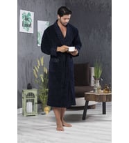 Nefti Renk Yaka Kapitone Bambu Pamuklu Erkek Bornozu (Lacivert)