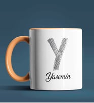 Kişiye Özel Y Harfi Temalı Kara Kalem Tasarım Siyah Renk Kupa (Turuncu)