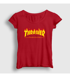 Presmono Kadın Beyaz Logo Thrasher T-Shirt 277781tt (Kırmızı)