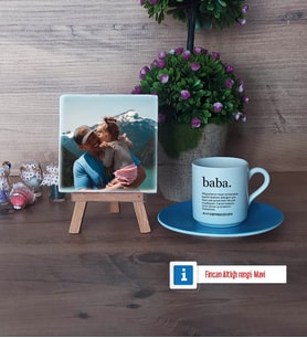 Babaya Hediye Fotoğraflı Dekoratif Taş, Ahşap Altlıklı Türk Kahvesi Fincanı Hediye (Model 5)