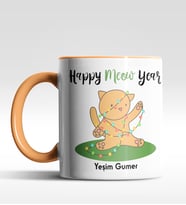 Kişiye Özel Happy Meow Year Kedi Tasarımlı Siyah Kupa (Turuncu)