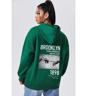 Unisex Oversize 1898 Brooklyn Baskılı Sweatshirt (Yeşil)