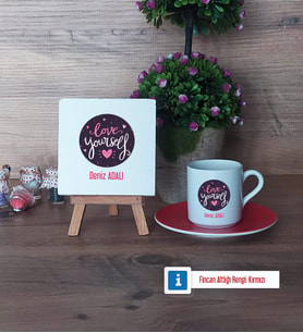 Love Yourself Dekoratif Taş, Türk Kahvesi Fincanı Kırmızı İsme Özel Hediye (Model 1)
