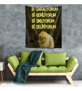 Mesajlı Civciv Yıkanabilir Leke Tutmaz Kumaş Duvar Örtüsü Duvar Halısı Tapestry (Sarı)