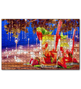 Cakapuzzle Sahilde Masa ve Üzerinde Çilekli Kokteyller  Puzzle Yapboz MDF (Ahşap) (500 Parça)