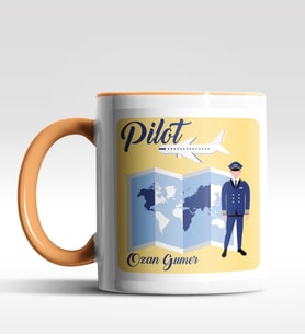 Kişiye Özel Pilot Tasarımlı Siyah Kupa (Beyaz-Turuncu)
