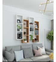 Kitaplık Modern Duvar Rafı Sarı Siyah 4 Lü Takım (Beyaz - Kahverengi)