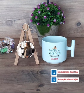 Kadın Türk Dili ve Edebiyatı Öğretmenine Hediye Kupa Bardak Beyaz ve Fotoğraflı Ahşap Anahtarlık Hediye (Model 12)