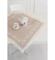 Buldan Keteni Dantelli Çiçek İşlemeli 90x90 cm Masa Örtüsü (Sütlü Kahve)