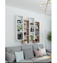 Kitaplık Modern Duvar Rafı Siyah Beyaz 4 Lü Takım (Beyaz-Gri)
