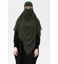Hazır Pratik Şifon Üç Katlı Peçeli Üçgen Hac Umre Şalı Sufle Hijab Nikap (Haki)