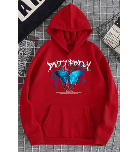 Unisex Blue Butterfly Baskılı Sweatshirt (Kırmızı)