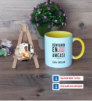 Amcaya Hediye Kupa Bardak Beyaz ve Fotoğraflı Ahşap Anahtarlık Hediye (Model 7)