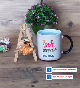 Rehber Öğretmeni Kupa Bardak Beyaz ve Fotoğraflı Ahşap Anahtarlık Hediye (Model 9)