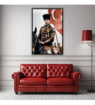 Metal Çerçeveli Temperli Cam Tablo Üniformalı Atatürk Görseli (Siyah)