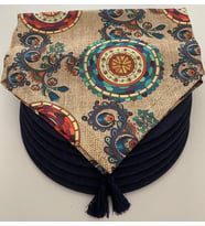 Amerikan servis takımı, (çuval baskılı etnik mandala desen runner & 6' lı supla) (Lacivert)