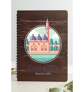Şanlıurfa Balıklı Göl Şehir Tasarım Ahşap Kapaklı Defter Özel Kraft Kâğıt (Gri - Siyah - Beyaz)