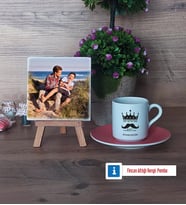 Babalar Günü Hediyesi Fotoğraflı Dekoratif Taş, Ahşap Altlıklı Türk Kahvesi Fincanı Hediye (Model 6)