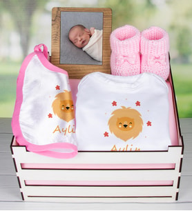 eJOYA Ahşap Sandıkta Kişiye Özel Zıbın Önlük Fotoğraf Çerçevesi Ve Patik Bebek Hediye Seti 109419 (Model 2)