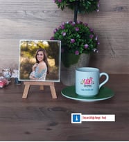 Kadın Sınıf Öğretmenine Hediye Fotoğraflı Dekoratif Taş, Ahşap Altlıklı Türk Kahvesi Fincanı Hediye Öğretmenler Günü Hediyesi (Model 9)