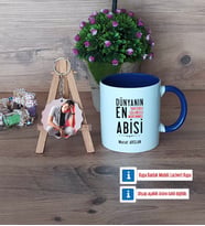 Abiye Hediye Kupa Bardak Beyaz ve Fotoğraflı Ahşap Anahtarlık Hediye (Model 3)