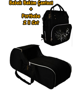 Portbebe Ana Kucağı Puset Bebek Taşıma + Anne Bebek Bakım Çantası 2 li Set (Siyah)