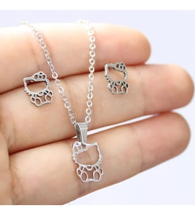 925 Ayar Gümüş Kişiye Özel Hello Kitty Küpe Kolye Seti (Gümüş)