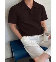 Erkek Oversize Polo Yaka Waffle T-Shirt POLOYAKA-DÜĞMELİ (Kahverengi)