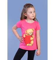 Toontoy Kız Çocuk Kalpli Ayıcık Baskılı Taş İşlemeli Tişört (Fuşya)